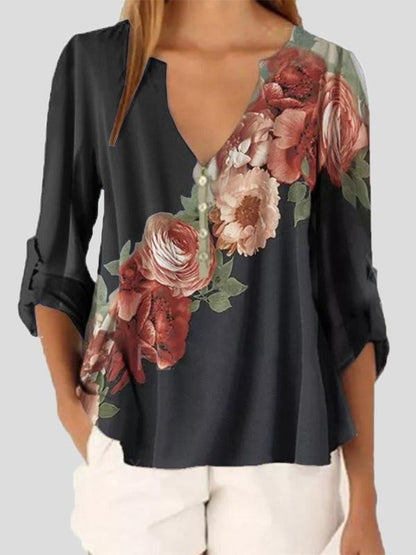 Long Sleeve V-neck Floral Print Chiffon Shirt - Blouses - INS | Online Fashion Free Shipping Clothing, Dresses, Tops, Shoes - 11/06/2021 - BLO2106110098 - Blouses