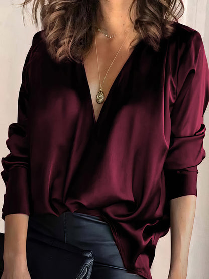 MsDressly Blouses V-Neck Solid Temperament Long Sleeve Blouse BLO2110231386BLAS