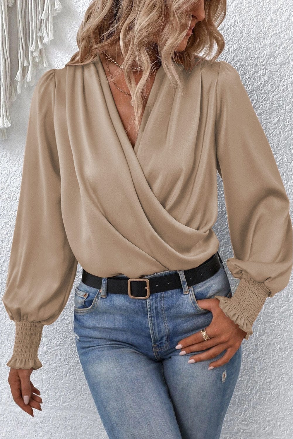 V-Neck Solid Temperament Long Sleeve Blouse