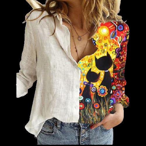 Women Button Turn-Down Collar Vintage Casual Printed Blouses freeshipping - Tyche Ace